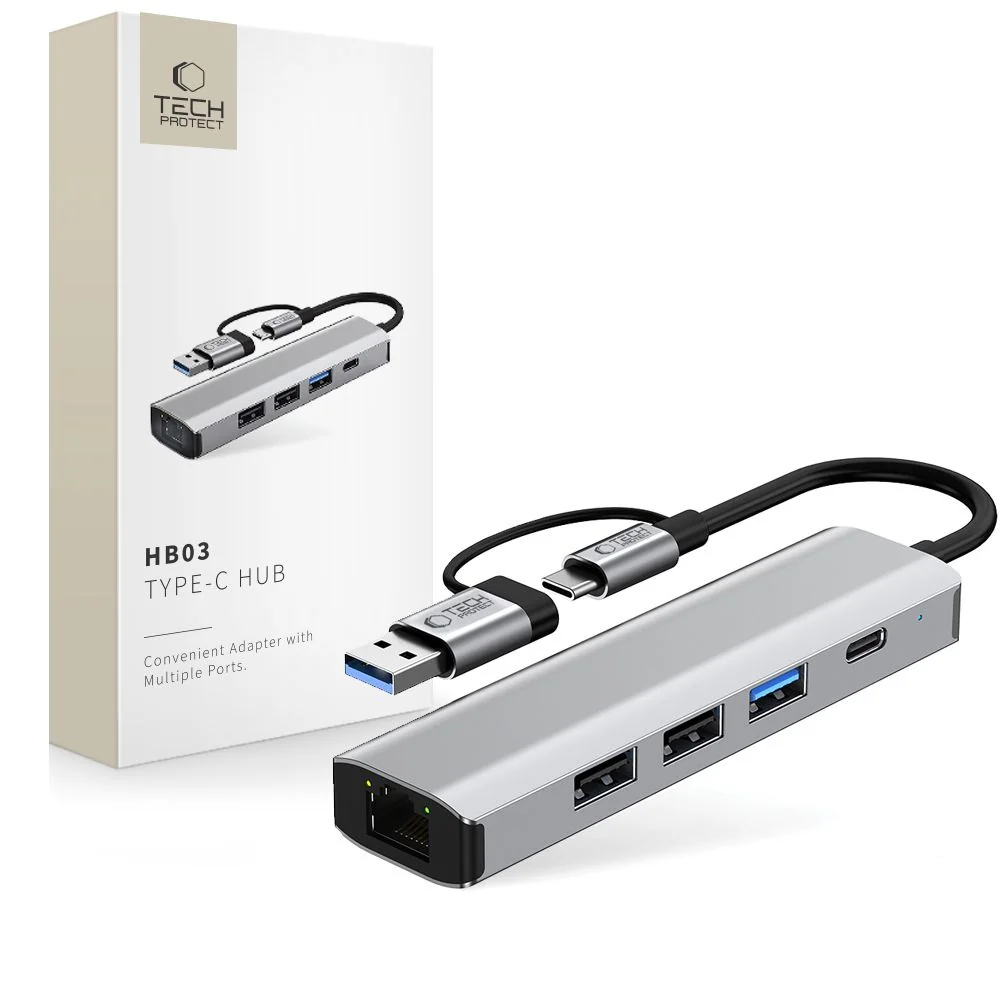 Tech-Protect HB03 HUB adaptér USB-C + USB - 3x USB / USB-C / RJ45, šedý ý