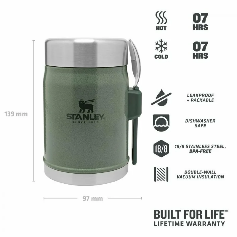 STANLEY CLASSIC series Food Jar With Spork - Hammertone Green 0,4L (4pcs/box)