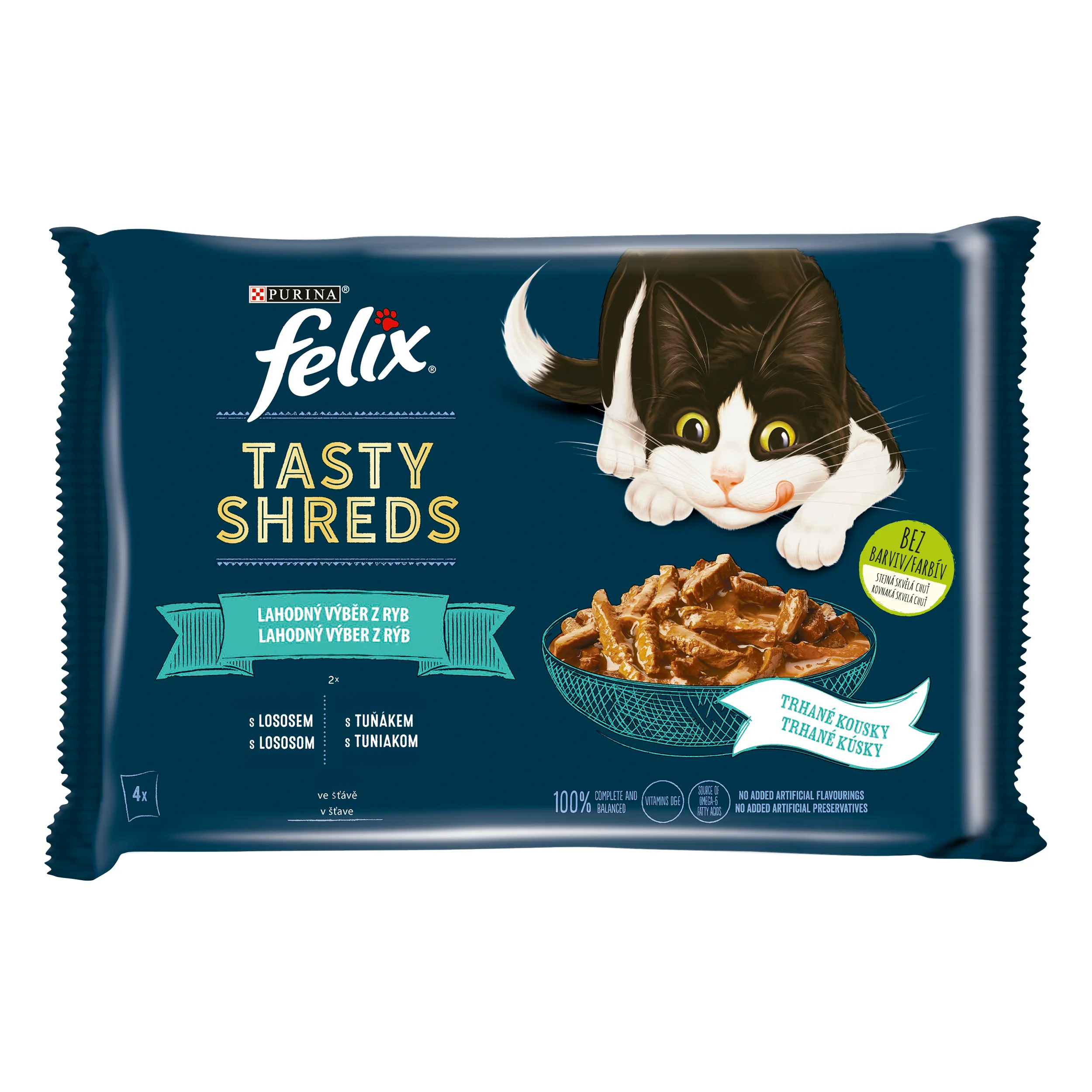 Felix Tasty Shreds kapsičky pre mačky losos, tuniak v šťave 4×80 g 4×80 g, kompletné krmivo pre dospelé mačky