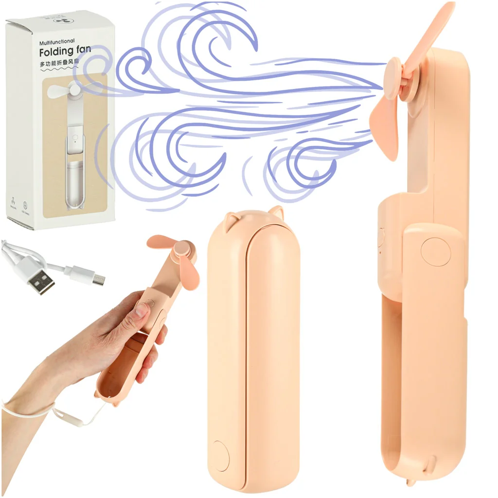 Mini prenosný ventilátor USB 2v1 skladací s powerbankou ružový 1200 mAh