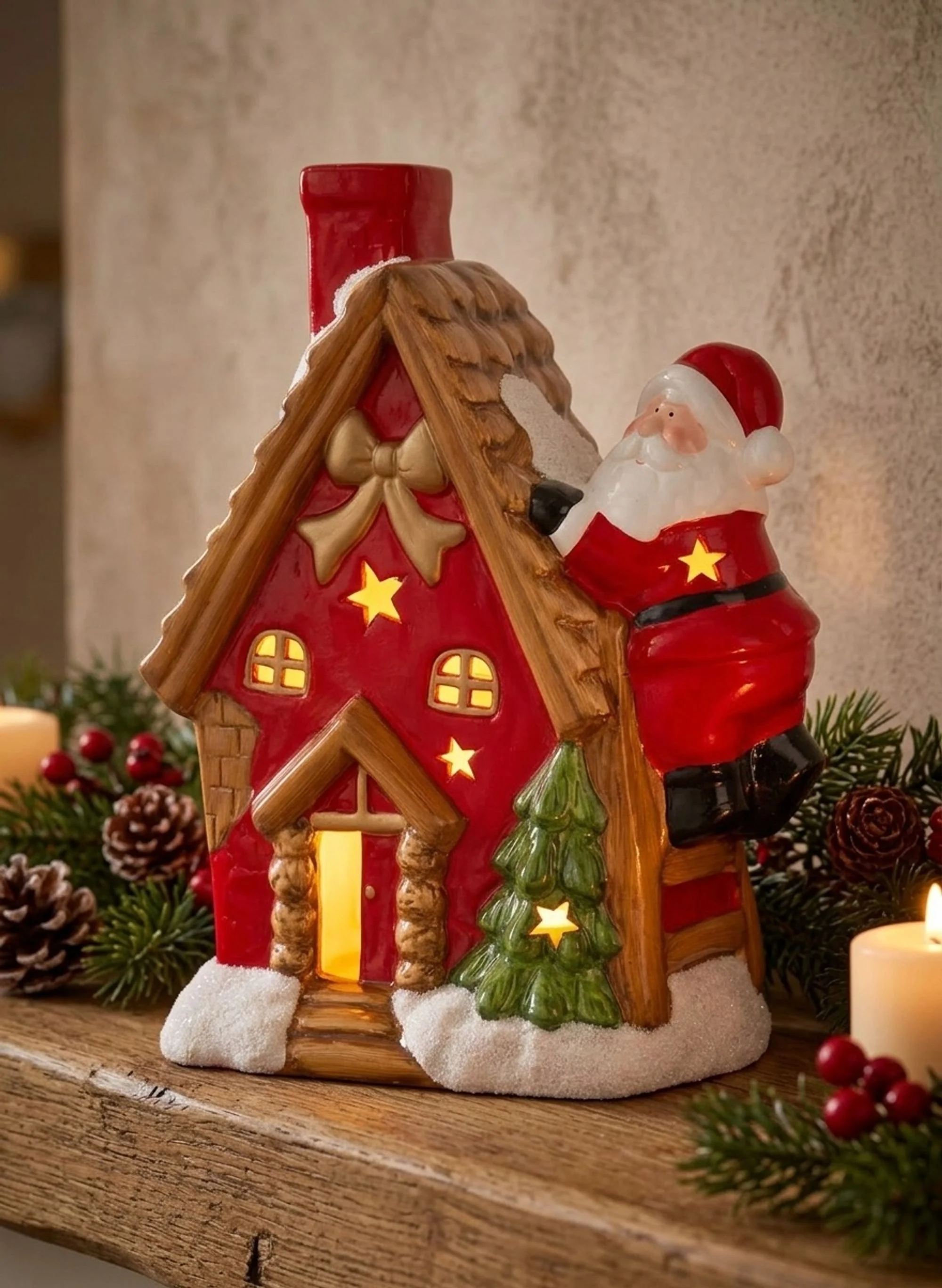 MagicHome vianočný LED domček so Santom na streche, 1 ks Terakota, 2xAAA, 27x13x34 cm