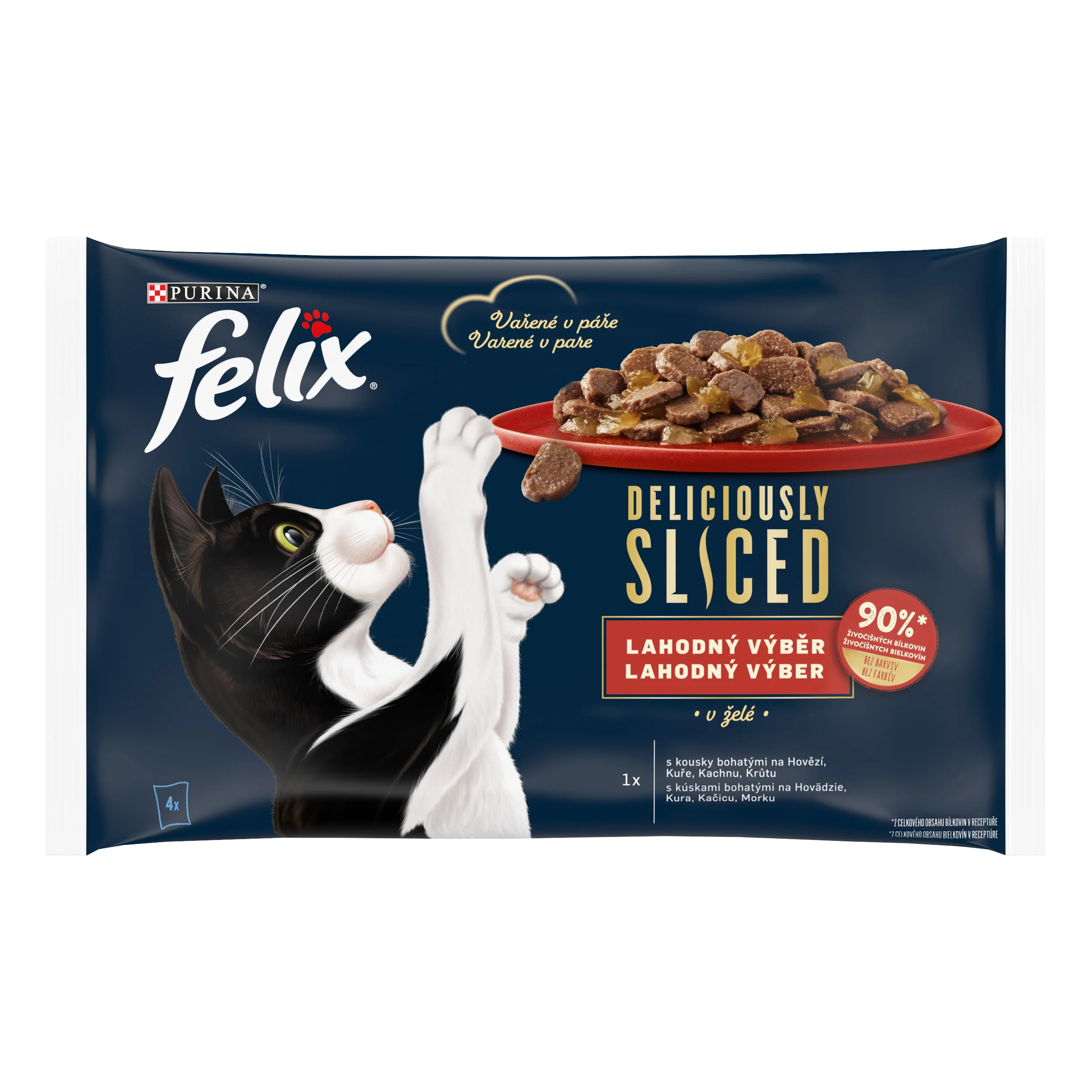 Felix Deliciously Sliced kapsičky pre mačky hovädzie, kura, kačica, morka v želé 4×80 g 4×80 g, kapsičky pre mačky