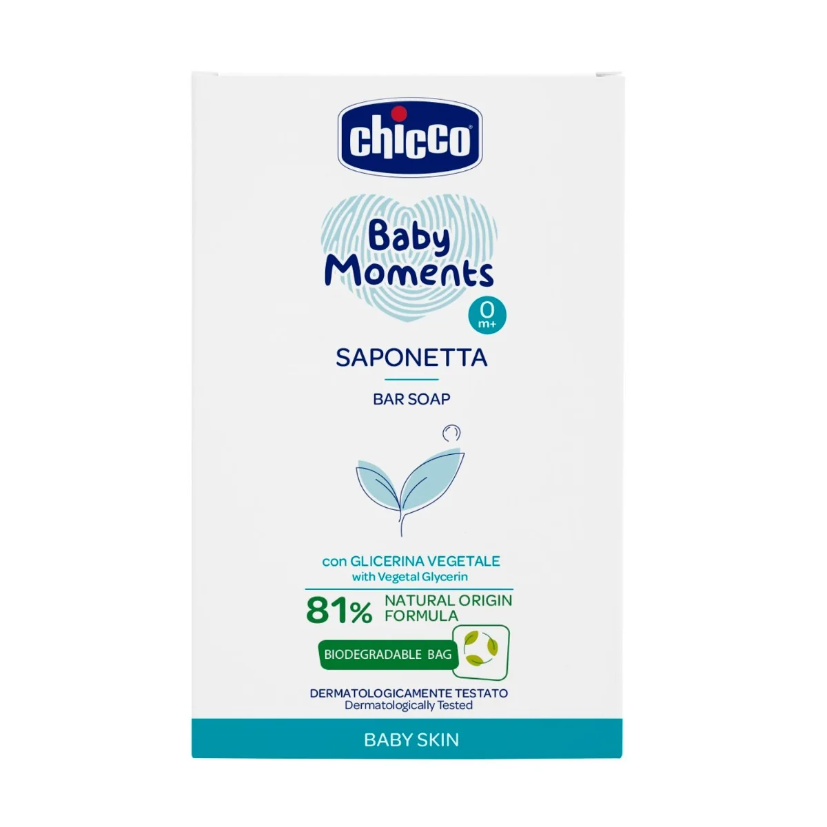 CHICCO Detské mydlo na ruky tuhé s rastlinným glycerínom Baby Moments 1×100 g, 81 % prírodných zložiek