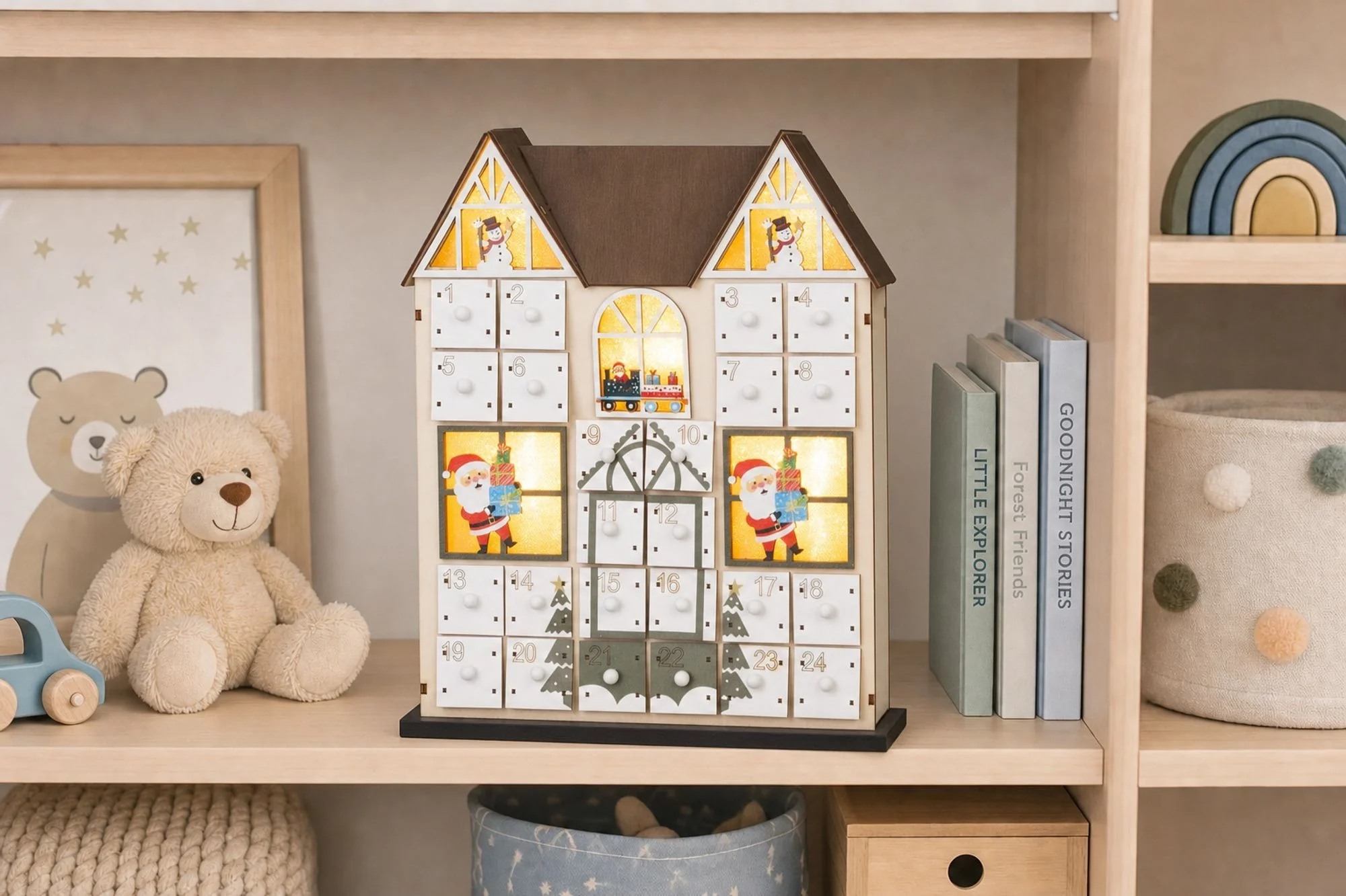 MagicHome adventný kalendár LED domček, 1 ks Drevený, 8 LED teplá biela, 2xAAA, IP20, 26x7x32 cm
