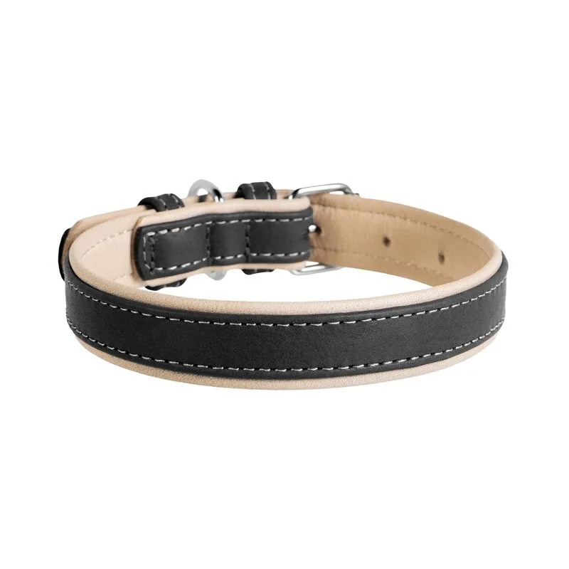 Plochý kožený obojok Soft čierno béžový, Obvod krku: 57-71cm, šírka: 35mm