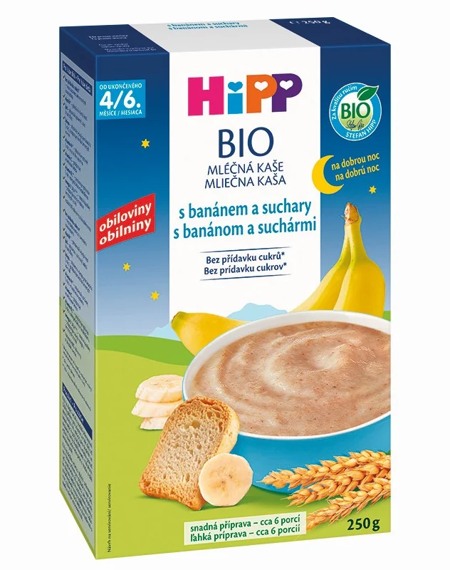 HiPP Mliečna kaša na dobrú noc s banánom a suchármi, od ukončeného 4./6. mesiaca 250g
