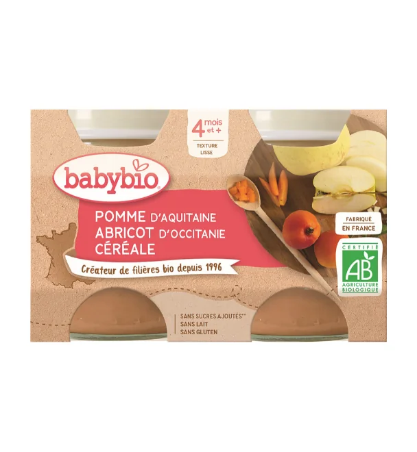 BABYBIO Príkrm jablko, marhuľa, cereálie (2x 130 g) 2×130 g, ovocný príkrm