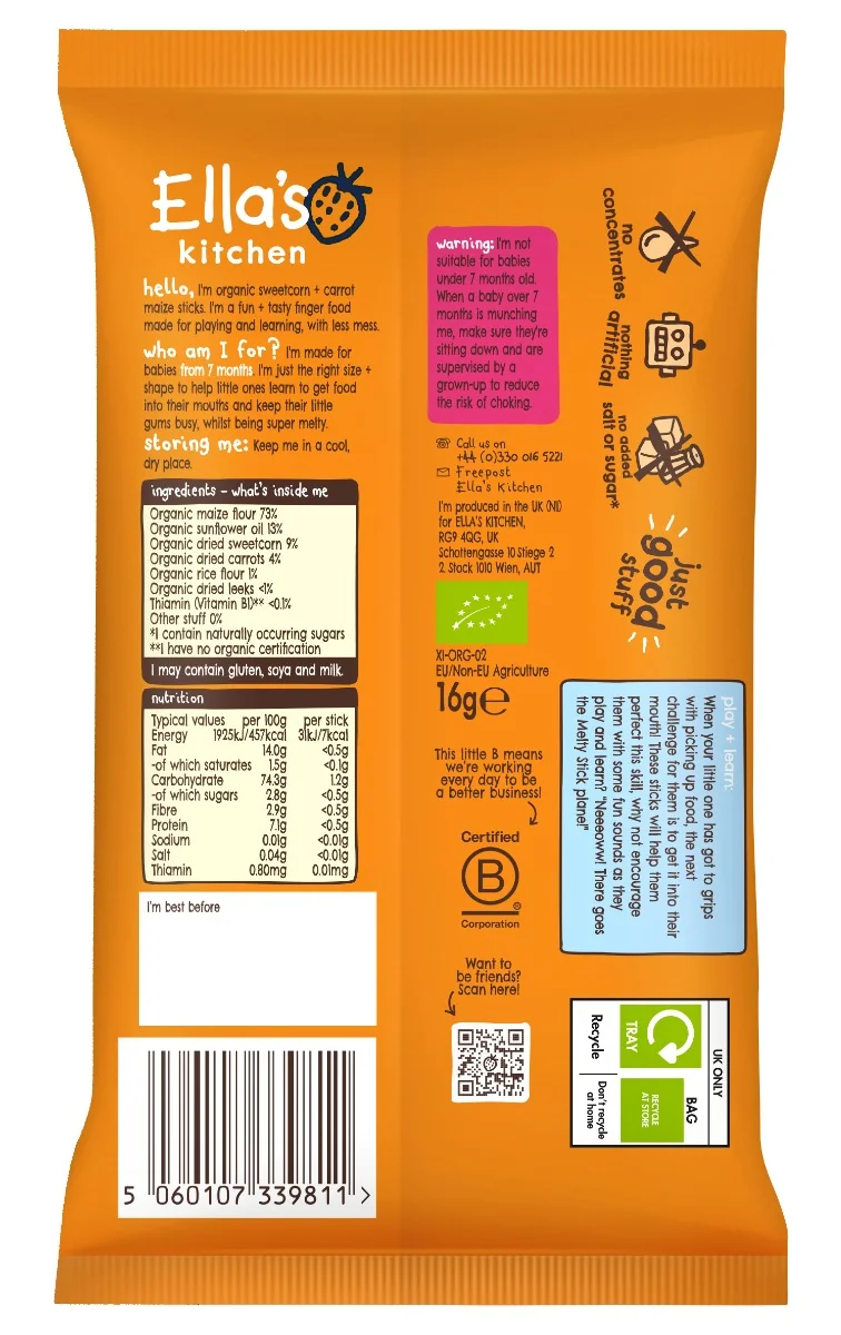 Ella's Kitchen Chrumkavé tyčinky s kukuričkou a mrkvou 1×16 g, chrumky