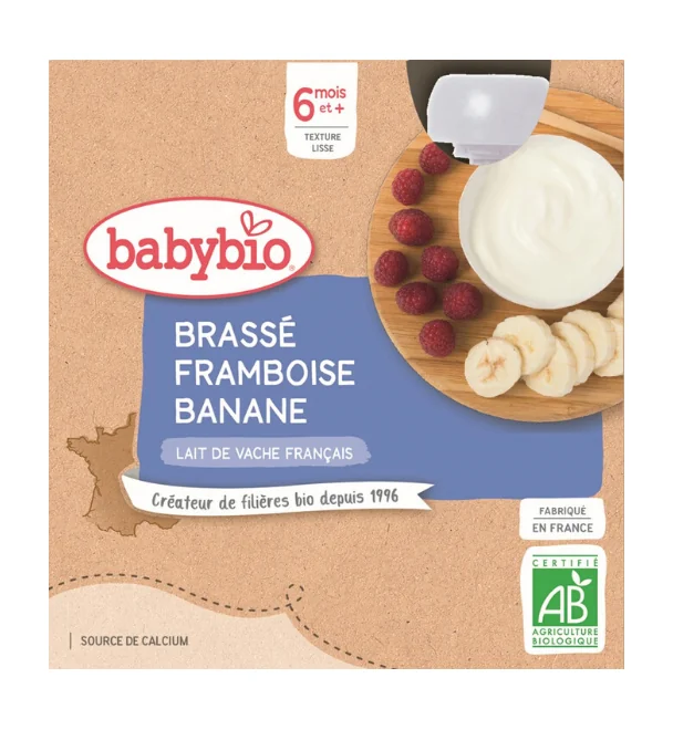 BABYBIO Mliečny dezert malina banán (4x 85 g) 4×85 g, ovocný príkrm