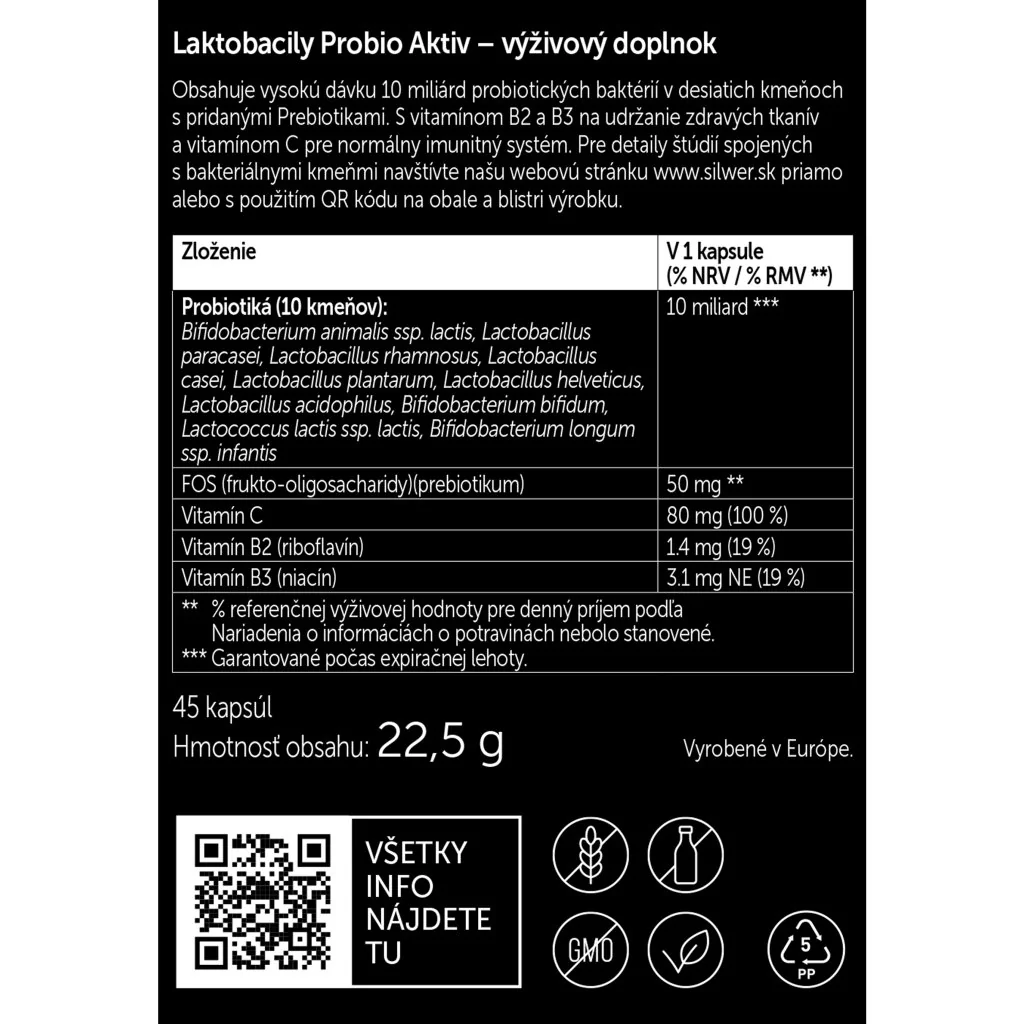 Silwer Laktobacily Probio Aktiv 45 kapsúl. Črevná mikroflóra, imunita.