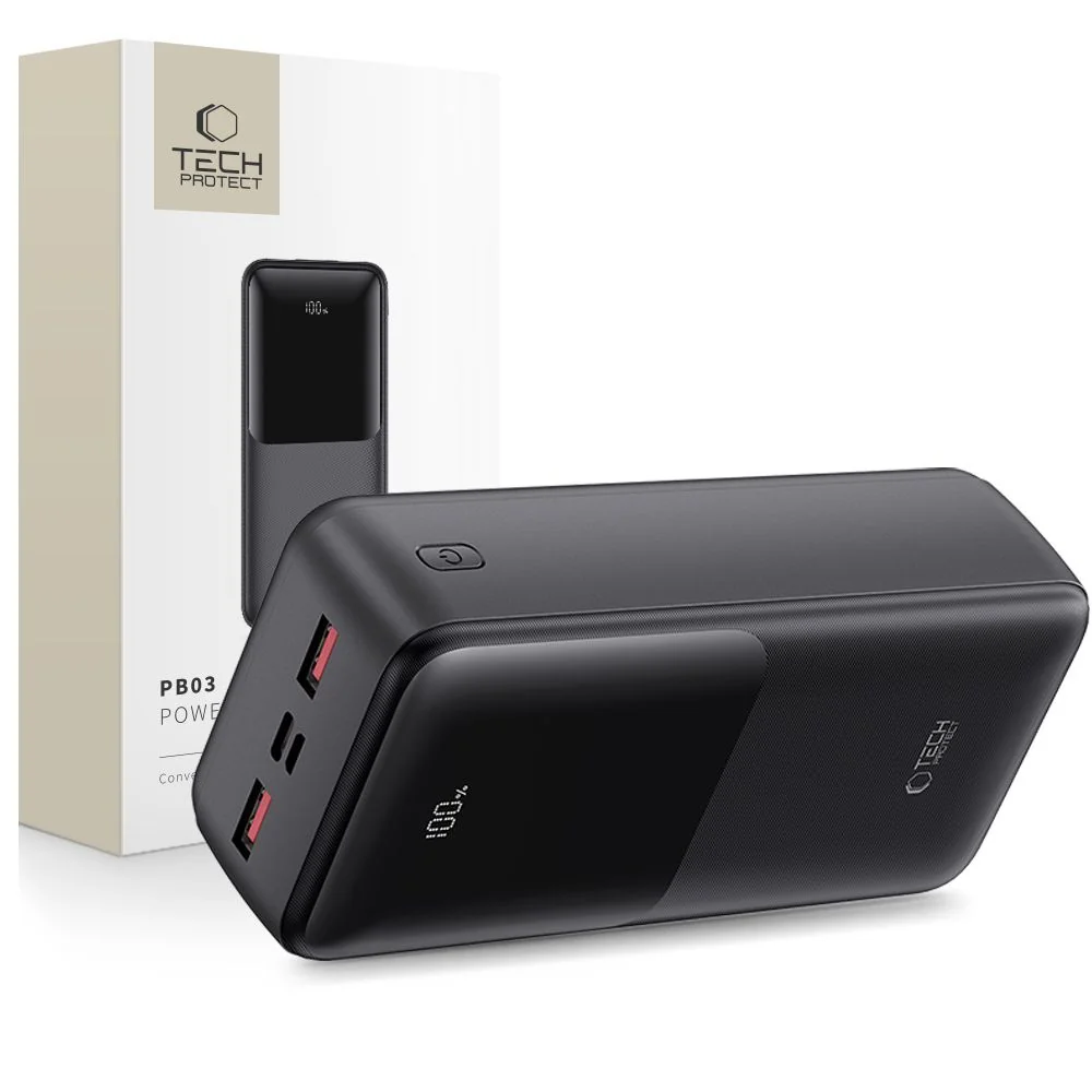 Tech-Protect PB03 Power Bank 30000mAh 2x USB / USB-C / Micro USB 22.5W, čierny , čierny