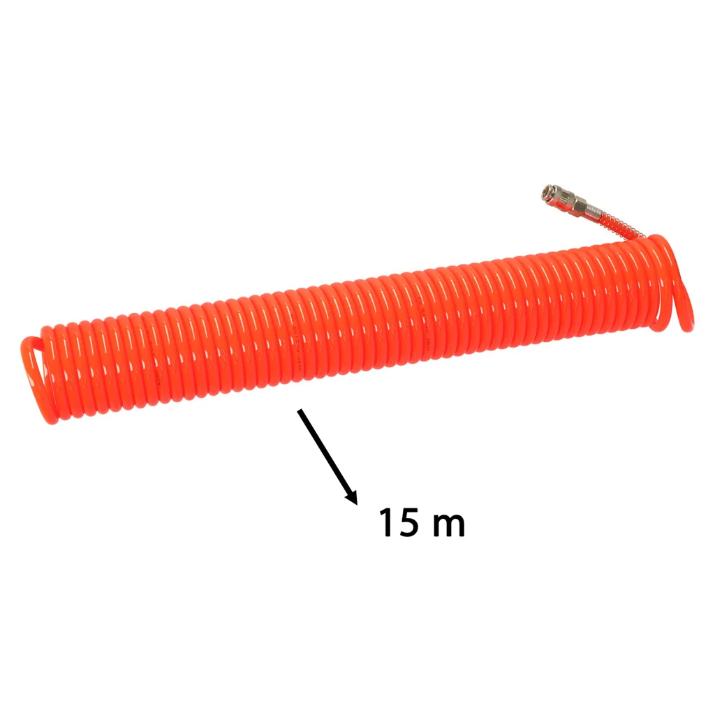 Špirálová pneumatická hadica 12 mm × 15 m – PU, rýchlospojky