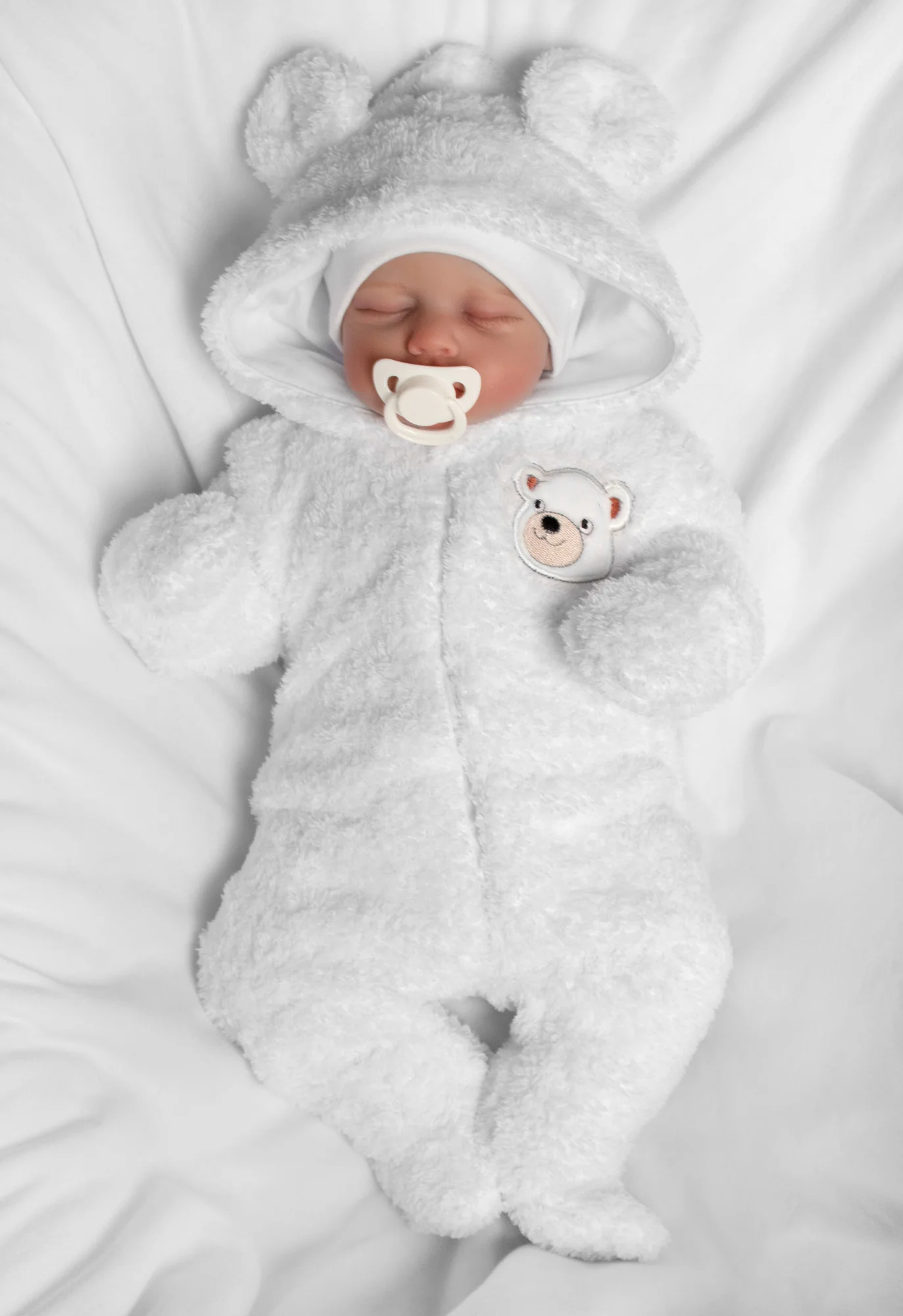 Chlpáčkový overal Luna s kapucňou + rukavičky, Baby Nellys, Medvedík, biely, veľ. 74/80