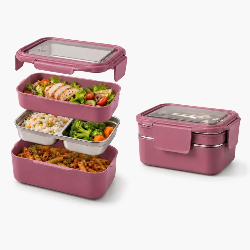 Livefy obedový box s príborom Double Lunch 1.2l, ružový