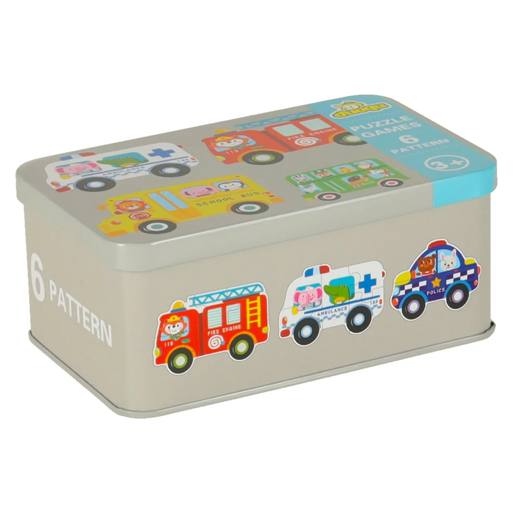 Puzzle pre deti v plechovej krabičke, 30 dielikov, vozidlá