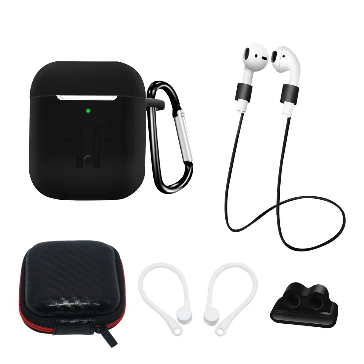 MG Case set príslušenstva pre Apple Airpods 1/2, čierne s karabínou a remienkom