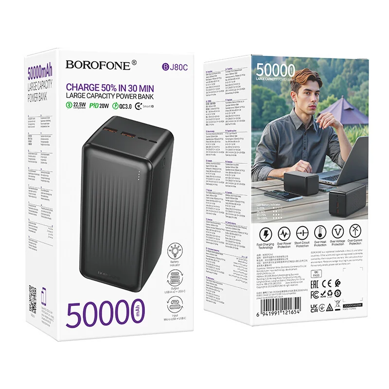 Borofone BJ80C Power Bank 50000mAh 2x USB / USB-C QC 22.5W, čierny