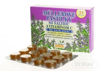 MÜLLEROVE PASTILKY ŠALVIA A VITAMÍN C 1×24 ks, pri nachladení
