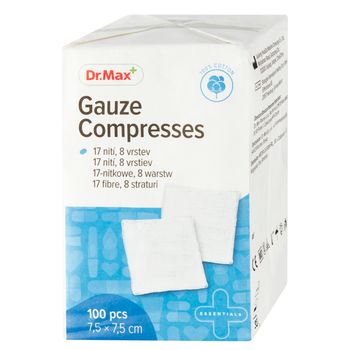 Dr.Max Gauze Compresses 1×100 ks, nesterilné gázové kompresy 7,5 × 7,5 cm