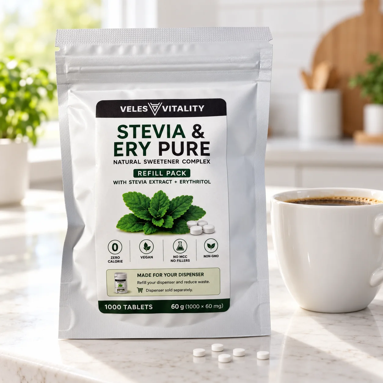 Veles Vitality STEVIA & ERY PURE sladidlo 1000 tabliet Náhradná náplň (refill pack) – sladidlo so stéviou a erytritolom
