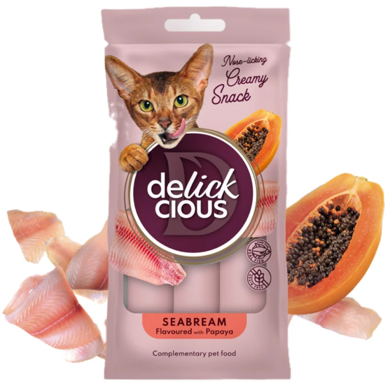 DELICKCIOUS™. Krémové pochúťky – pražma s papája. Pre mačky 4x0,015 g (1612)