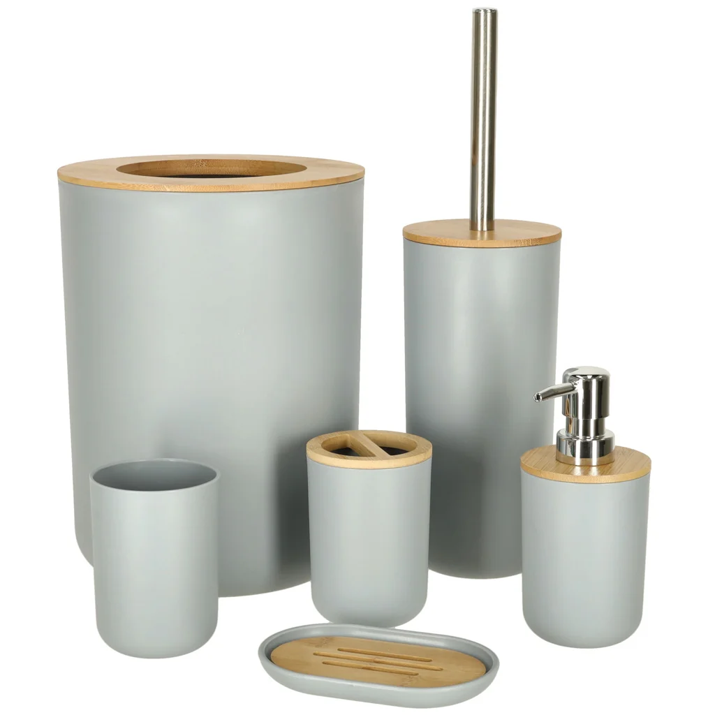 Kúpeľňový set 6‑dielny – mydelnička, dávkovač, pohár, stojan na kefky, WC kefa, kôš – sivý