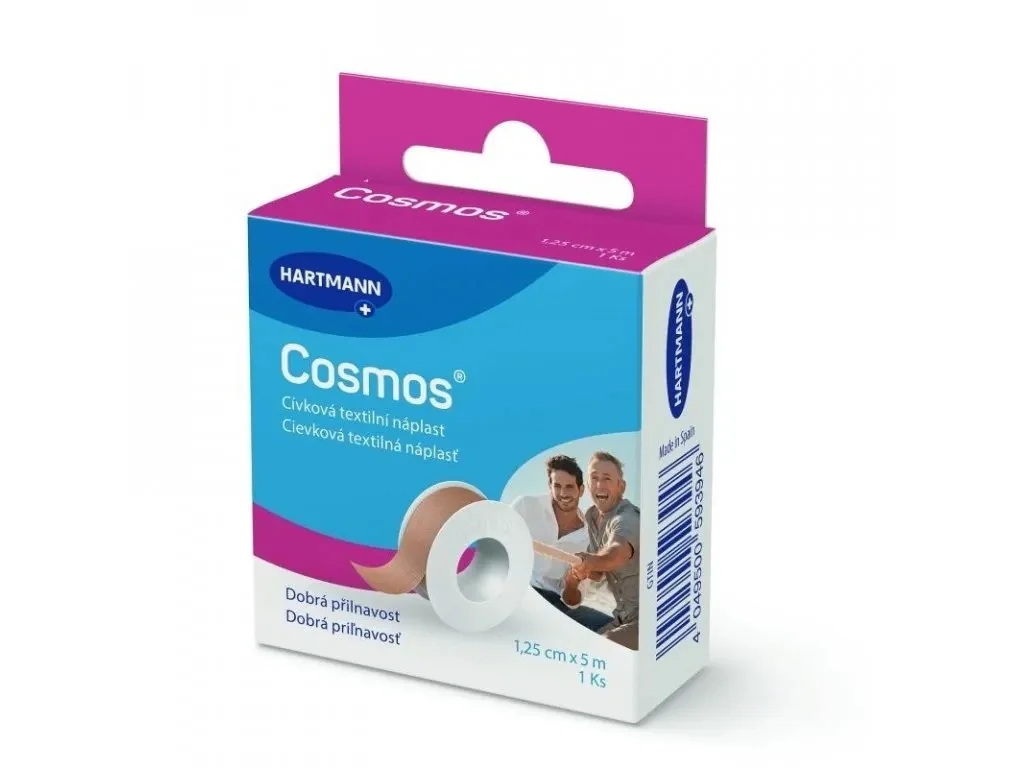 COSMOS Cievková pevná 1×1 ks, (PLAST) náplasť fixačná z textilnej tkaniny (1,25cmx5m)