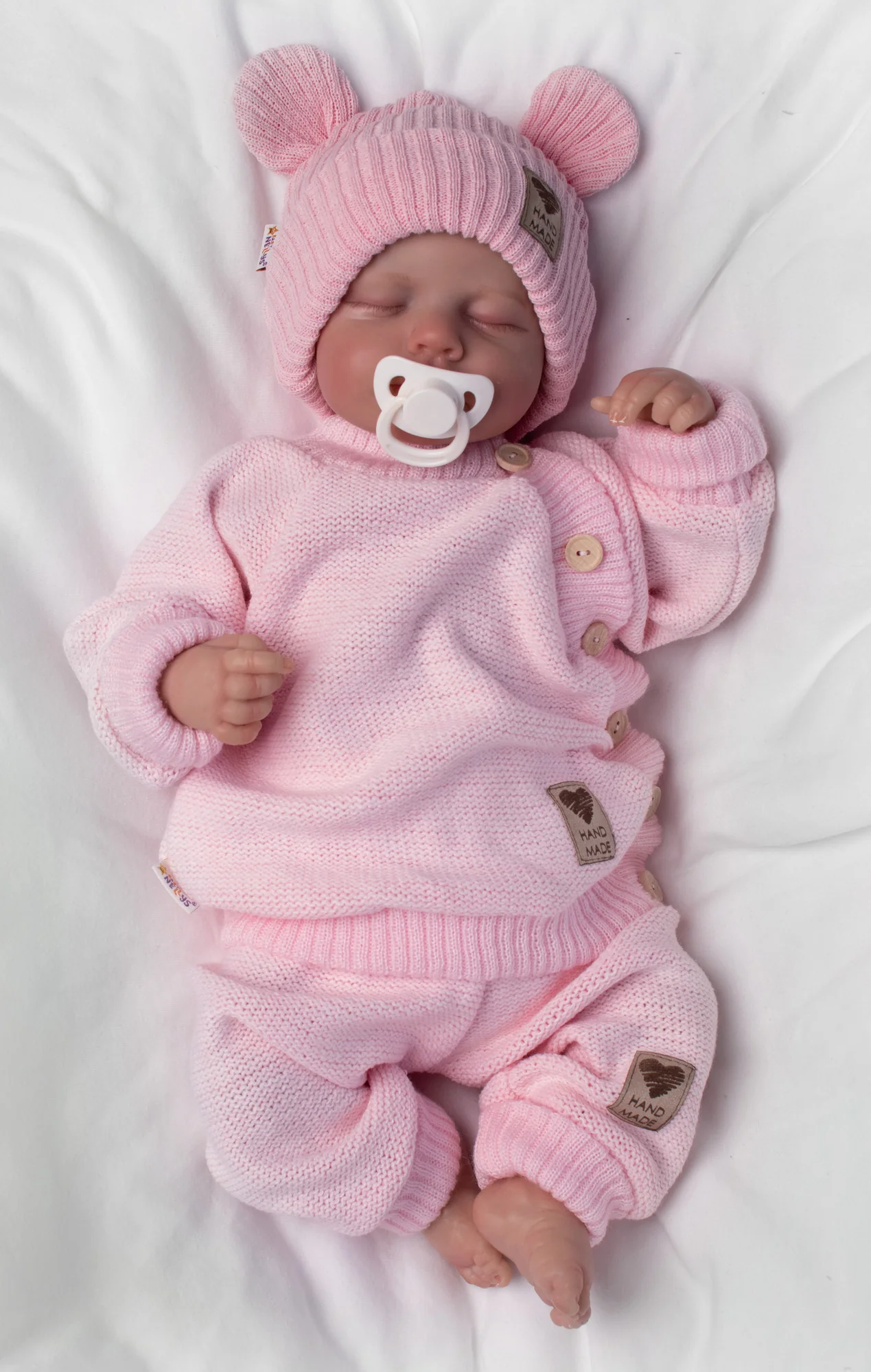 Pletená bavlněná čiapka s uškami, dvojvrstvová, Hand Made Baby Nellys, ružová