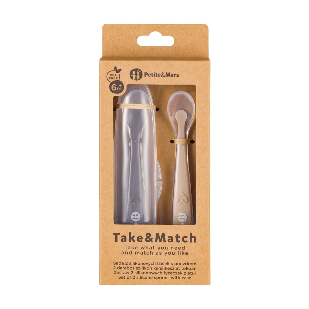 PETITE&MARS Silikónové lyžičky s puzdrom, sada 2 ks, Take&Match Sand - Cocoa 6m+ 1x2 ks