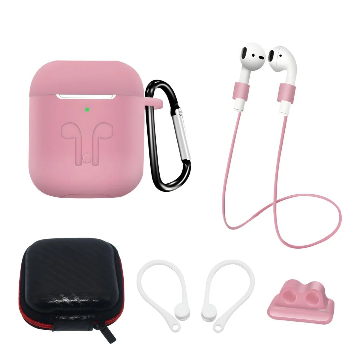 Kompletná Sada silikónového puzdra pre AirPods 2 / AirPods 1 - Ružová S karabínou, remienkom na krk
