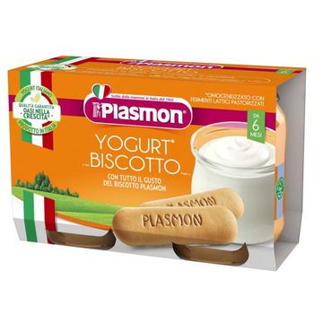 PLASMON Dezert jogurt a sušienka, 6m+ 2×120 g, jogurt a sušienka