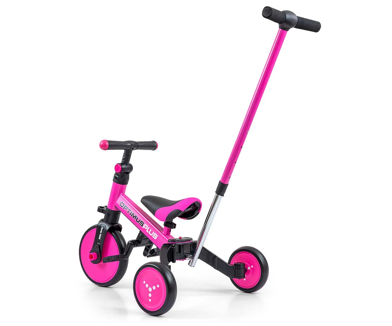 Balančná trojkolka, bicykel, odrážadlo a vodiaca tyč, Optimus Plus 4 v 1, ružová