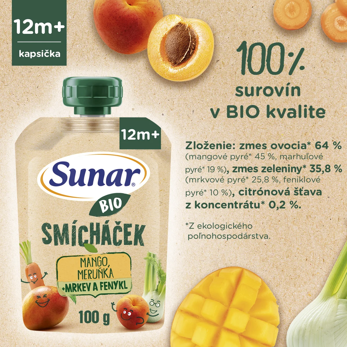 SUNAR BIO SMICHACEK mango, marhuľa, mrkva, fenykel 1×100 g, ovocný príkrm