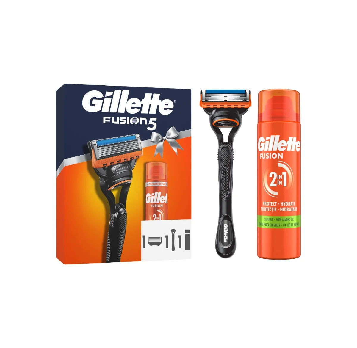 Gillette darčeková sada Fusion5: pánsky holiaci strojček s 5 čepeľami, 1 náhradná hlavica, gél na holenie 1 set