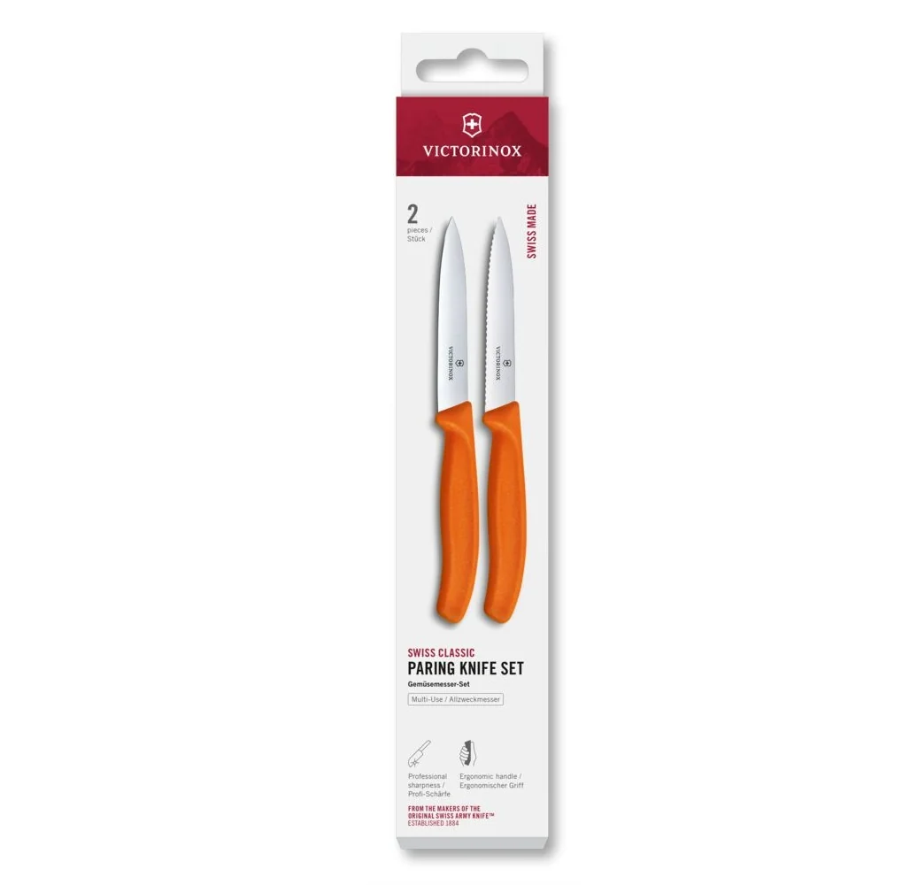 Swiss Classic, sada nožov na krájanie, 2 kusy, 10 cm, rovný/vlnitý, oranžová, krabička