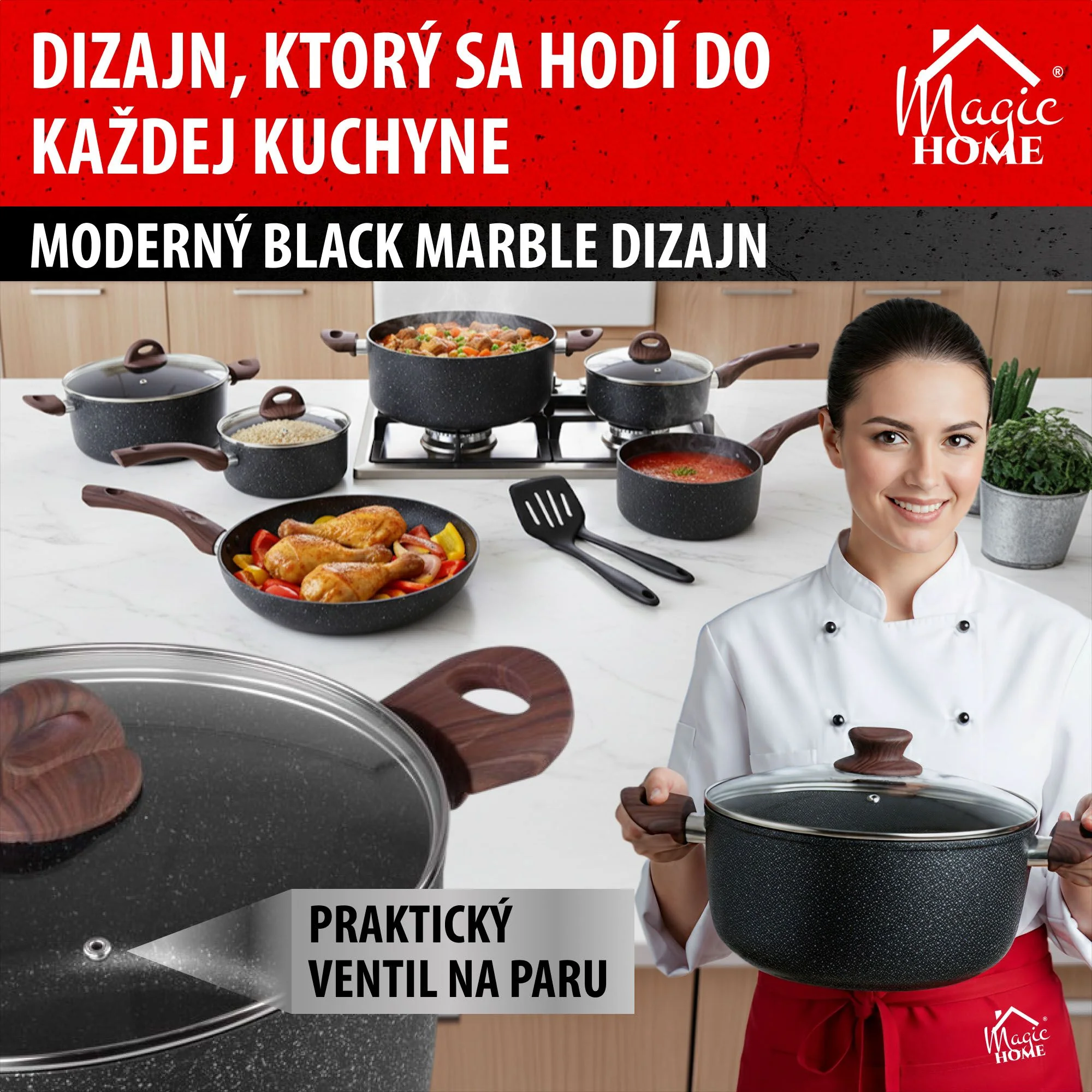 MagicHome hrniec Black Marble Line, 1 ks 24 cm, 4000 ml (4 l), s pokrievkou