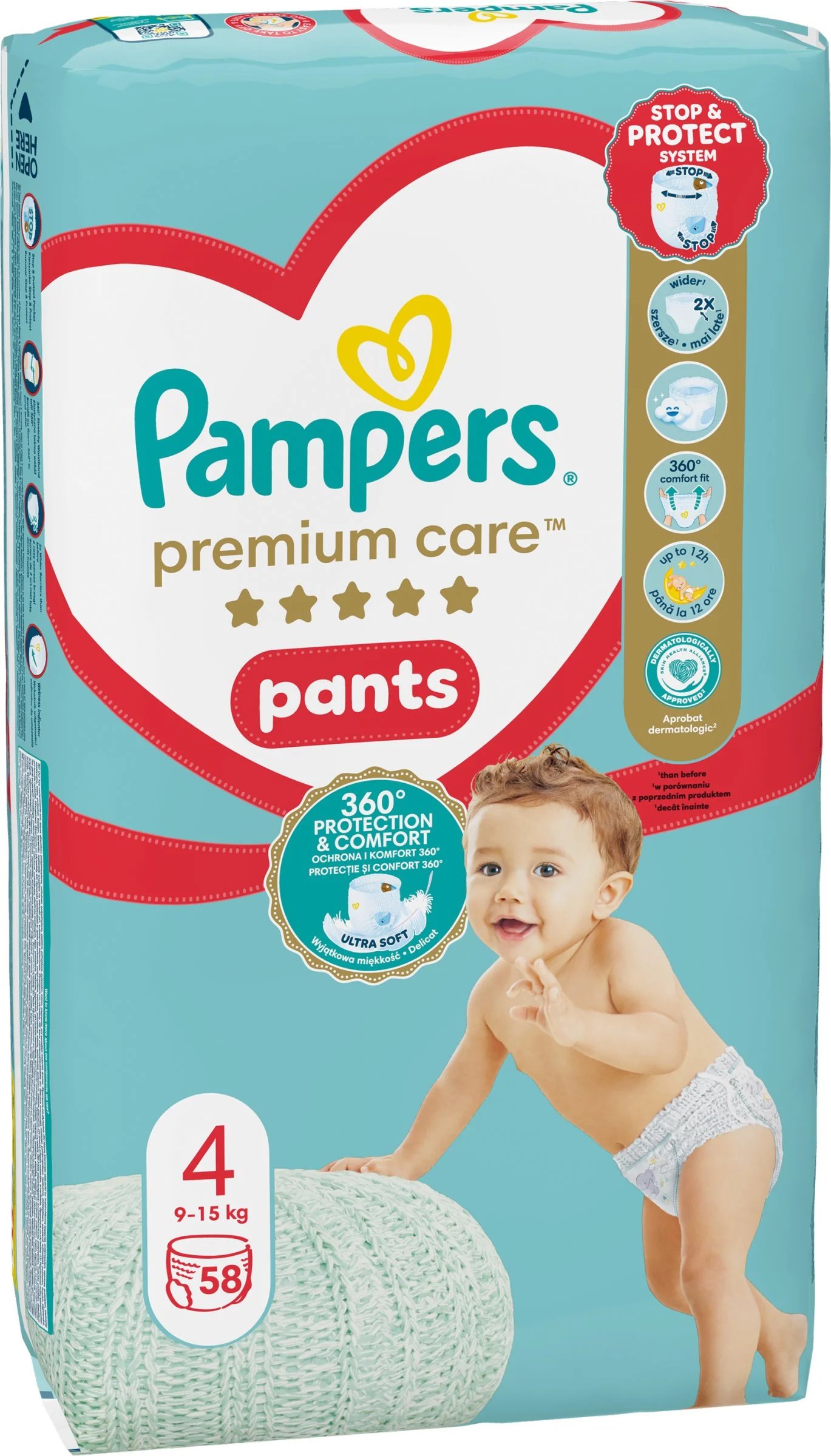 Pampers Premium Care plienkové nohavičky veľkosť 4, 58 ks, 9kg-15kg 1×58 ks, plienkové nohavičky
