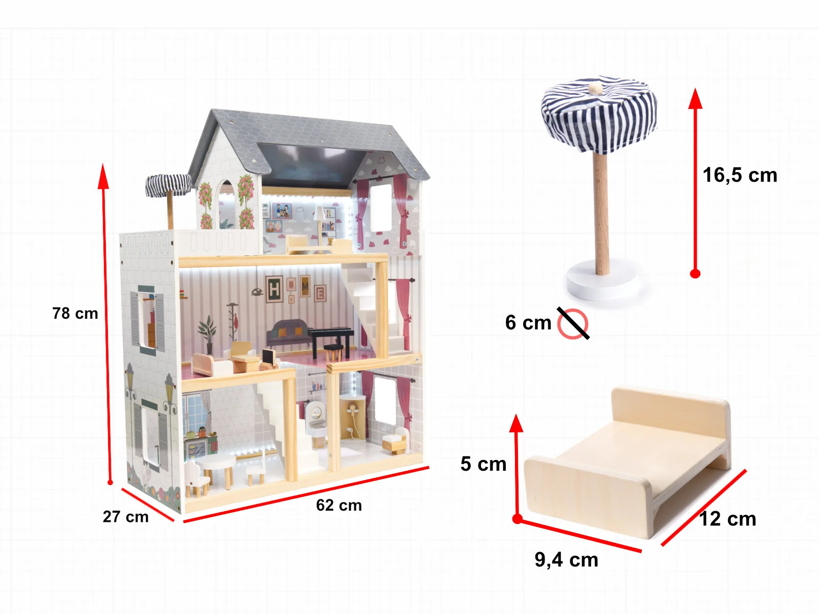 Drevený domček pre bábiky s LED (3 poschodia, 4 izby)