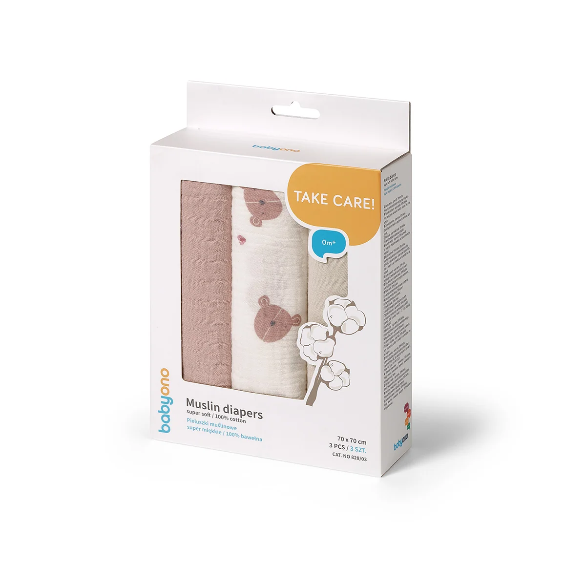 Mušelínové - super mäkké plienky BabyOno, 3ks - pudrová