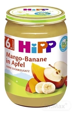 HiPP Príkrm BIO Jablka s mangom a banánmi 1×190 g, ovocný príkrm pre deti