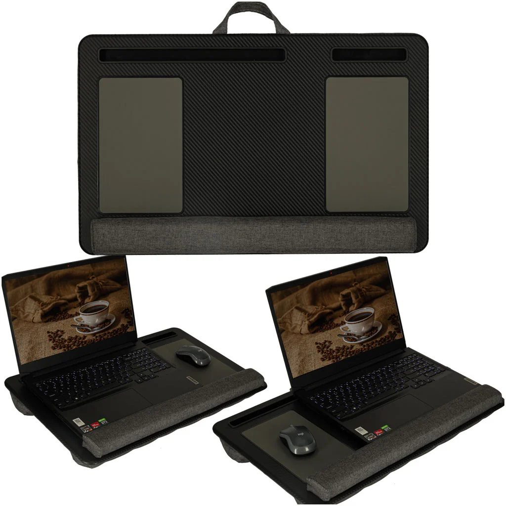 Čierny stolík na notebook s ergonomickým vankúšom – prenosný stojan s opierkou na zápästie