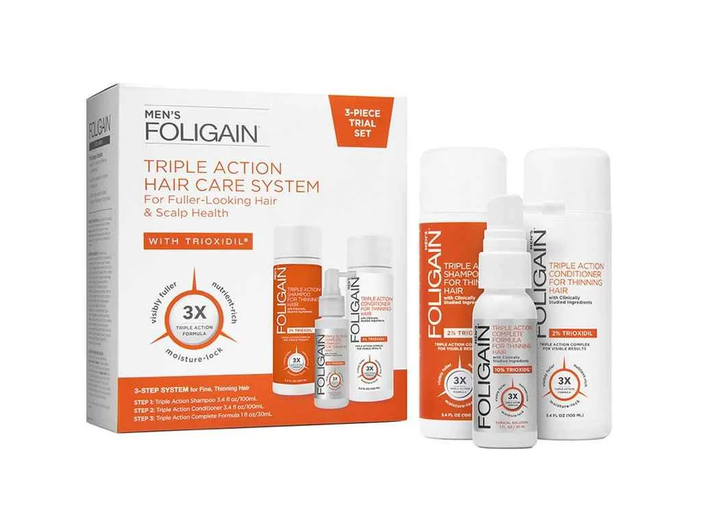 Foligain Triple Action cestovní sada proti vypadávaniu vlasov pre mužov 100ml + 100 ml + 30 ml 1×1 set, prípravky proti vypadávaniu vlasov