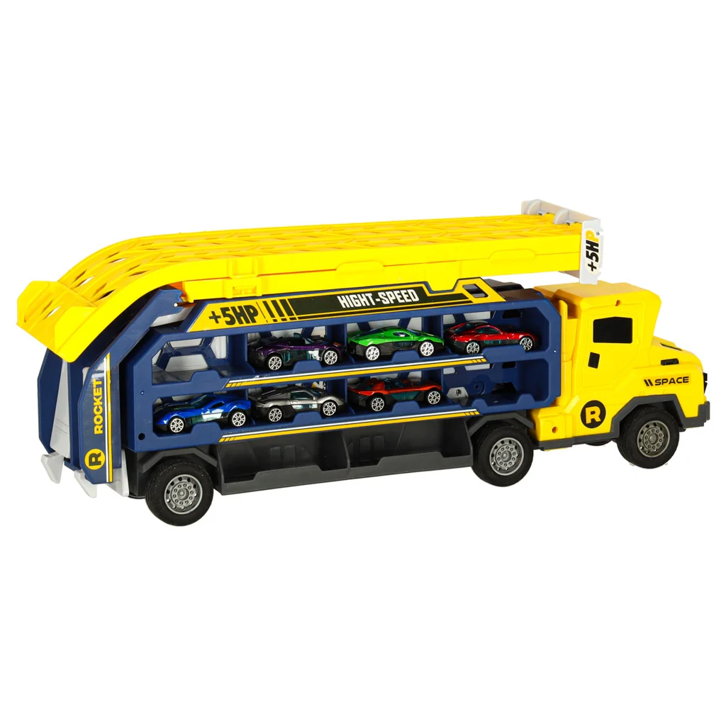 Sklápací transportér so šmýkačkou + 6 autíčok, žltý