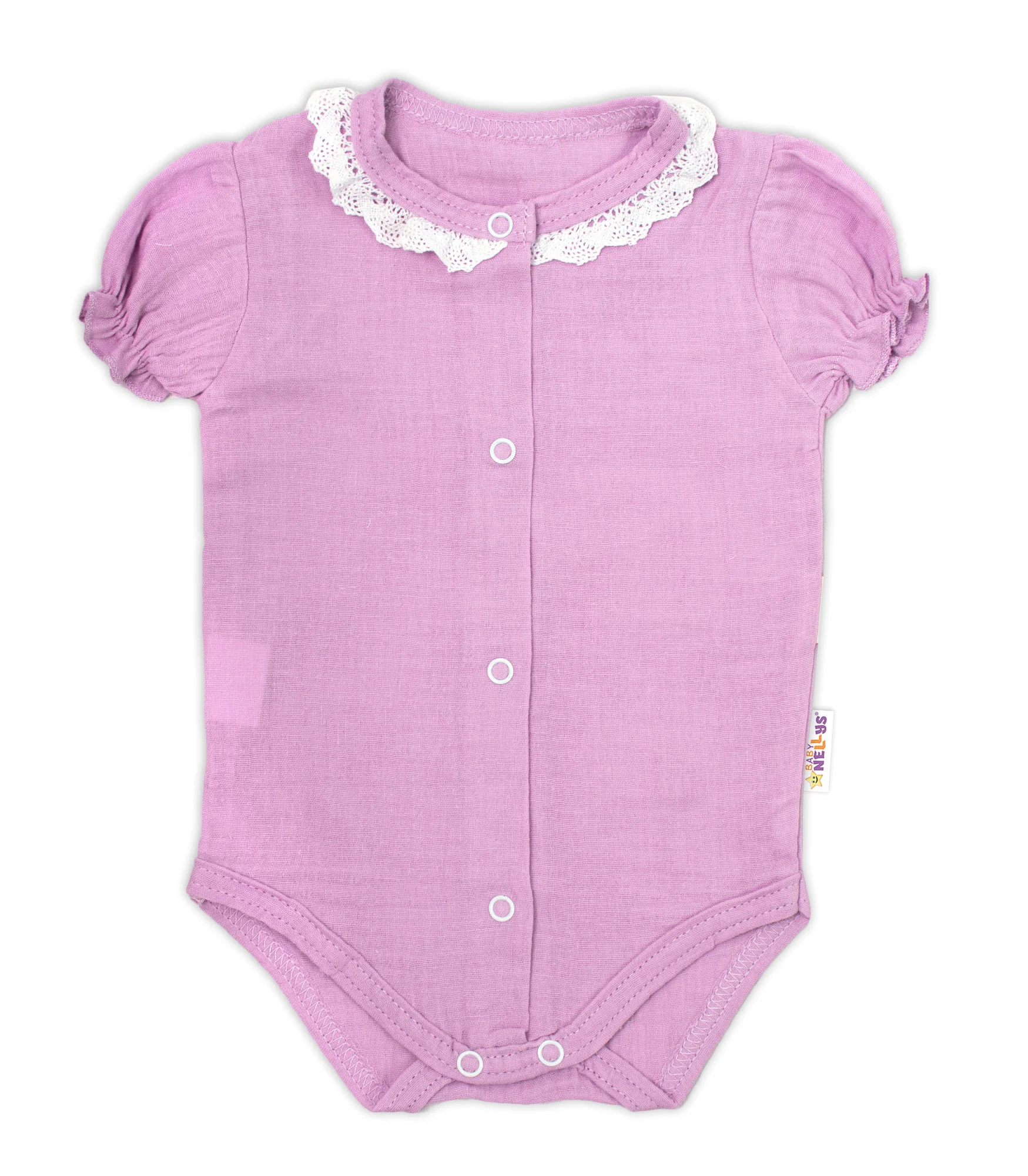 Baby Nellys 3-dielna mušelínová súpravička, body, kraťasky+čelenka GIRL, lila