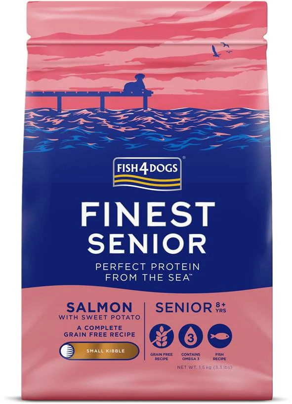 FISH4DOGS Granule malé pre starších psy Finest losos so sladkými zemiakmi 1,5kg, 8+ 1×1500 g, granule pre staršie psy