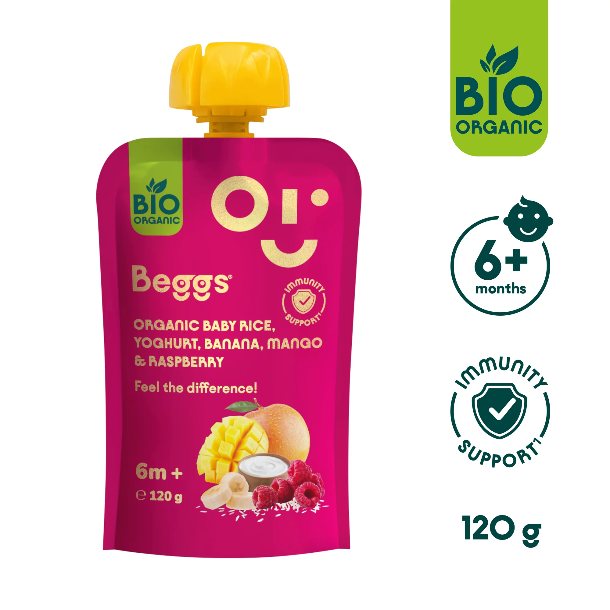Beggs Detská ryža s jogurtom, banánom, mangom a malinami 1×120 g, detská ryža