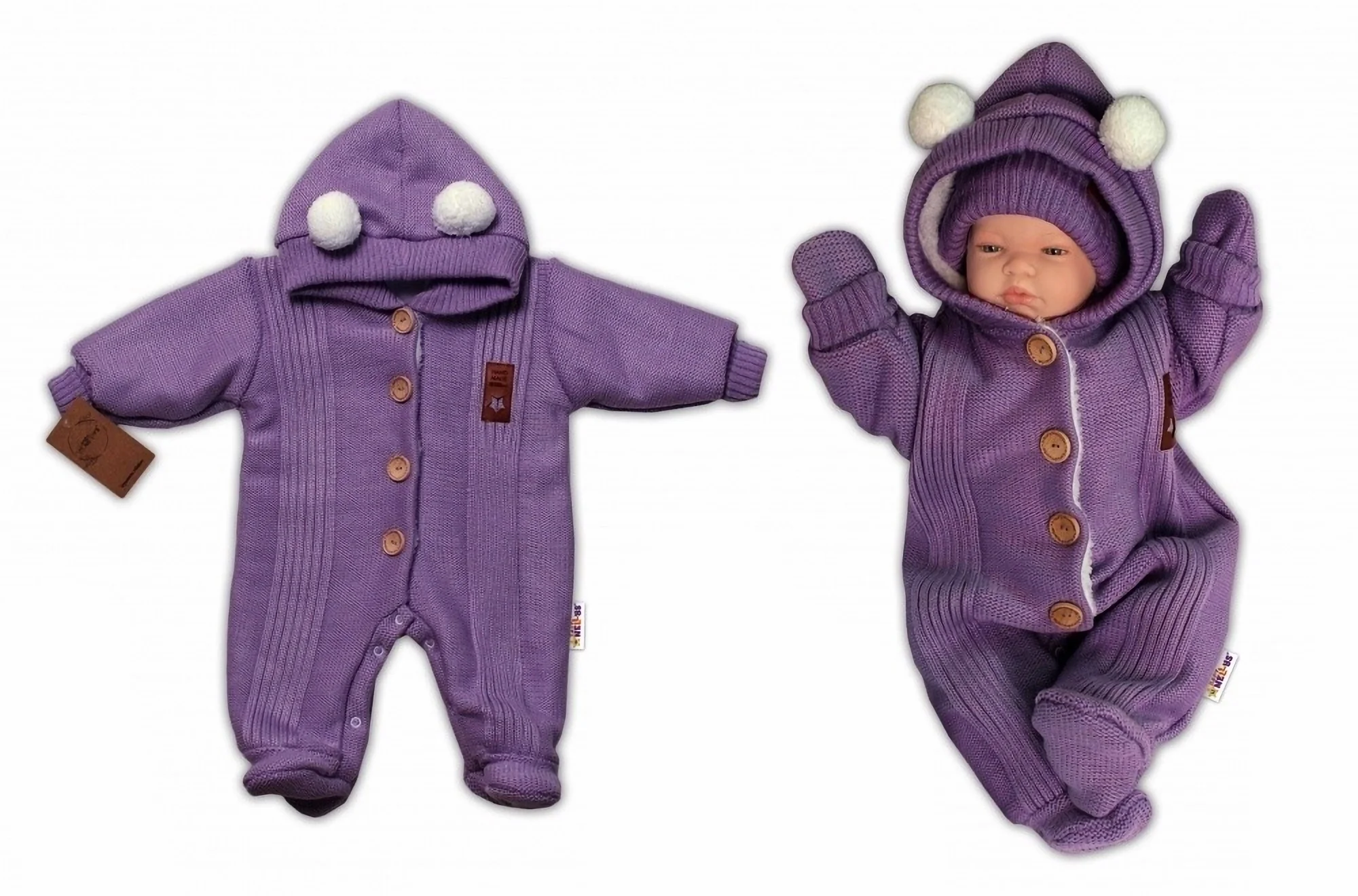 Baby Nellys Pletená kombinéza/overal LUX STAR s kožúškom - dvojvrstvová, slivková, veľ. 68 