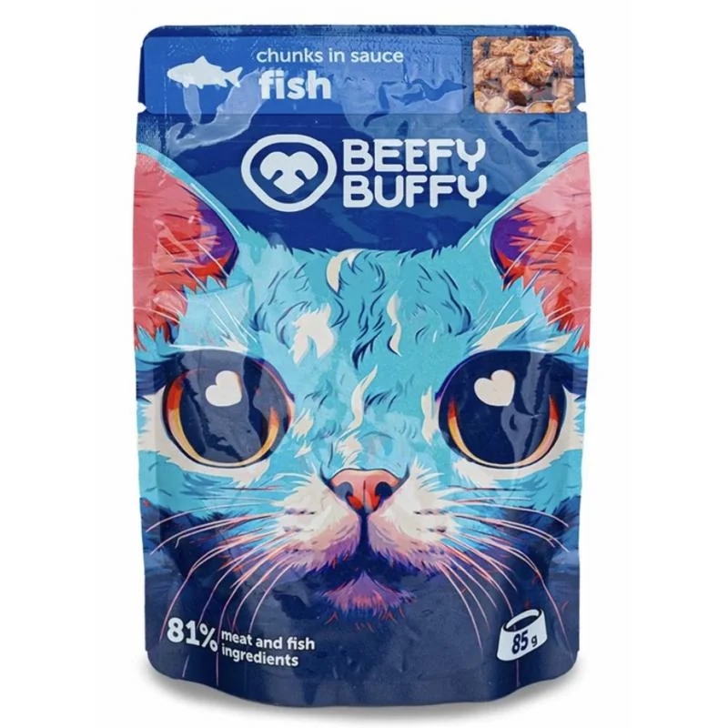 BEEFY BUFFY kapsičky pre mačky rybacie kúsky v omáčke 24x85g