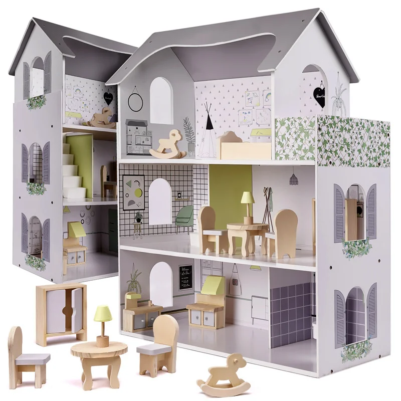 Hračka domček s nábytkom drevený DOLLHOUSE W06A393 sivý 70x60x24cm
