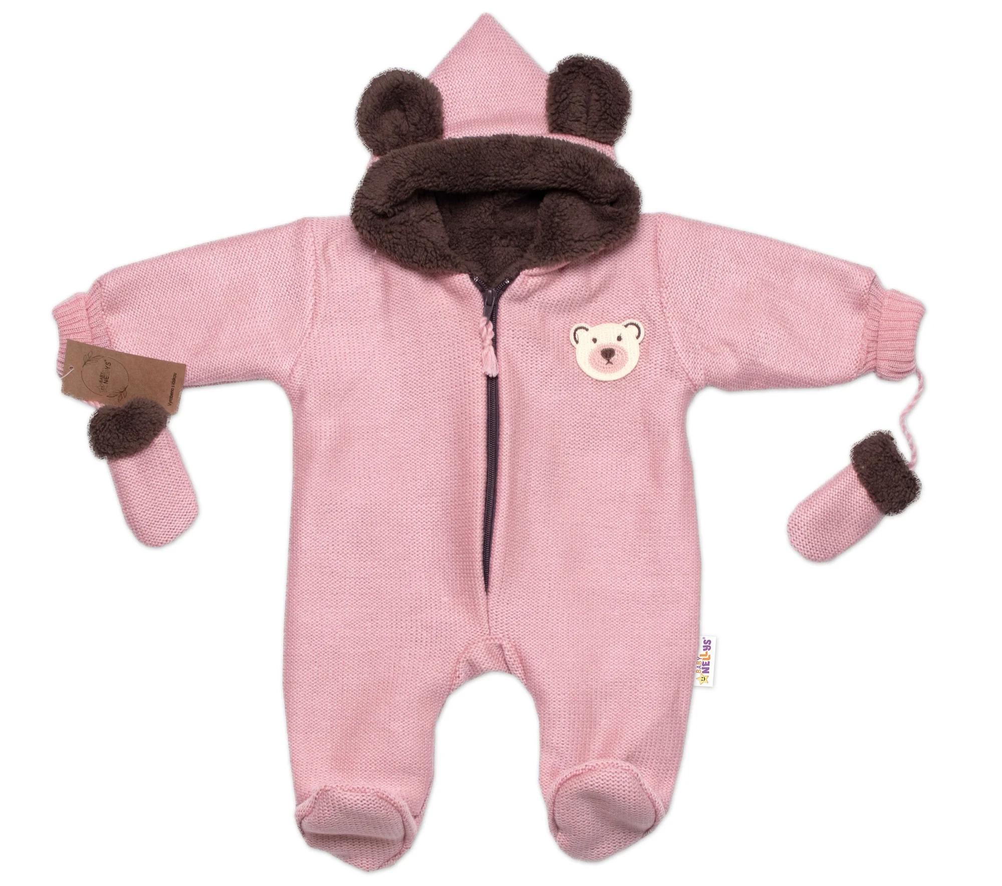 Oteplená pletená kombinéza s rukavičkami Teddy Bear, Baby Nellys, ružová, veľ. 62
